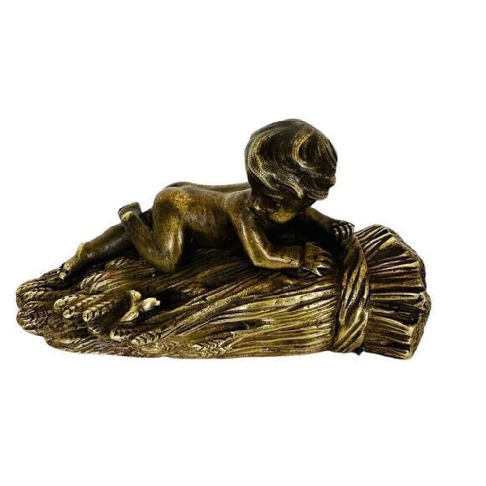 French Bronze and Gilt Metal Box Child & Bird On Wheat Bundle Vintage‎